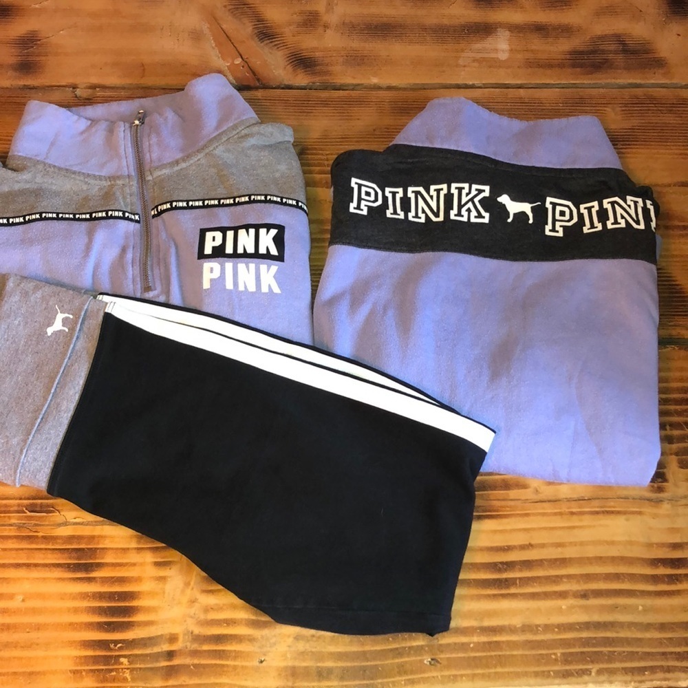 PINK VICTORIA’S SECRET bundle leggings and 2 sweatshirt purple XS quarter zip - Picture 1 of 10